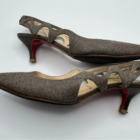 Christian Louboutin Wool Slingback Heels Brown Pointed Toe Kitten Heel EU 36.5 - Picture 4 of 6